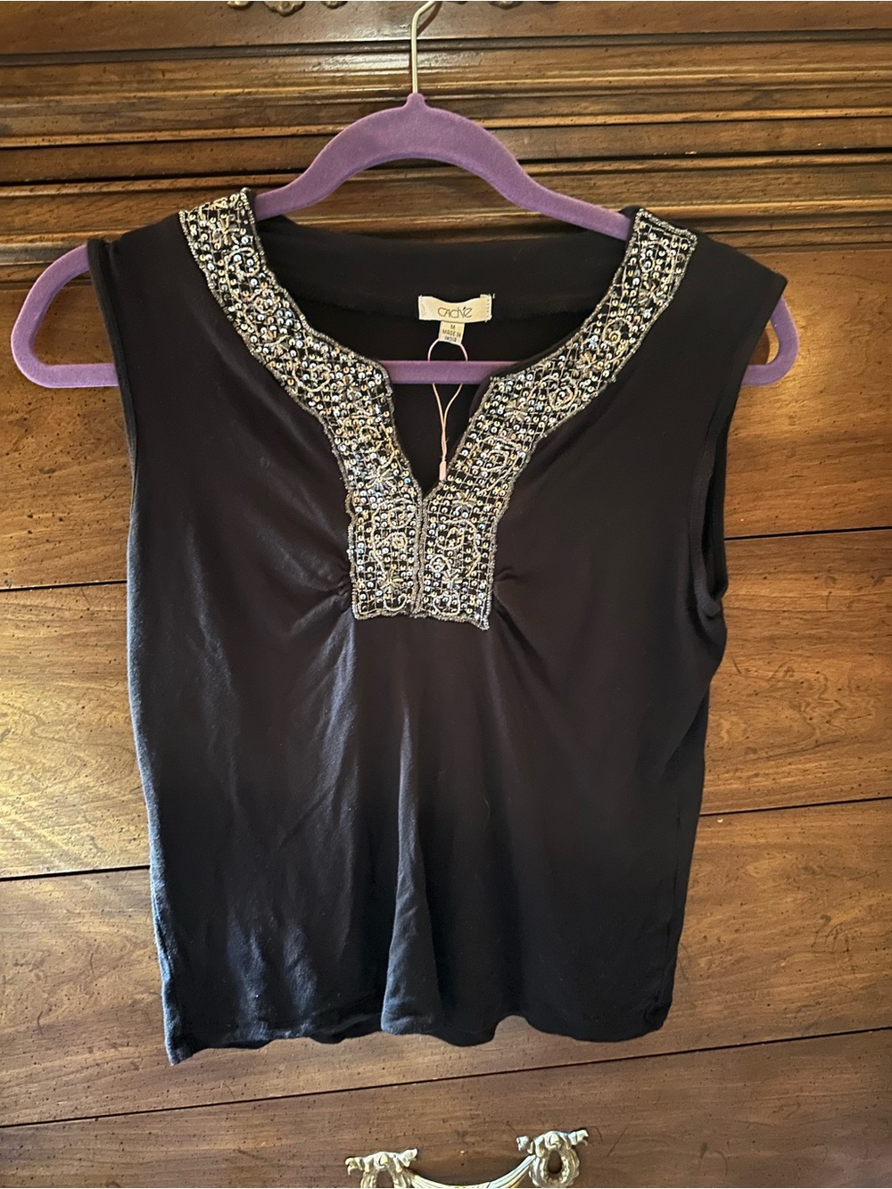Cache Black Sleeveless Top with Silver Mix Beaded Neckline